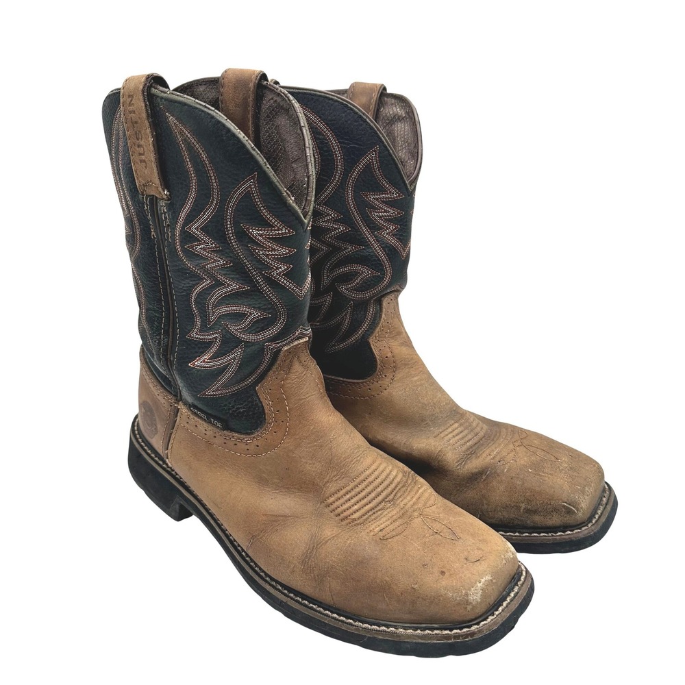 Justin Original Stampede Work Boots Men Steel Toe Leather Western Tan Black 10EE